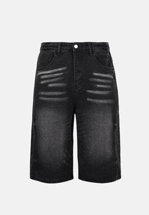 Black denim knee-length shorts with faded horizontal whisker patterns and front pockets, featuring a button and belt loops at the waist.