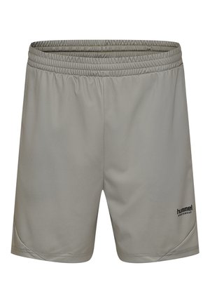 Grå sportshorts gjorda av smidigt, lättviktigt tyg, med en elastisk midja och en liten tryckt logotyp på nedre högra sidan.