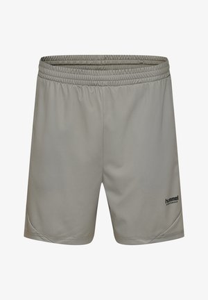 Grå sportshorts gjorda av smidigt, lättviktigt tyg, med en elastisk midja och en liten tryckt logotyp på nedre högra sidan.