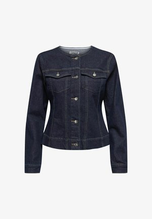 Donkerblauwe spijkerjack met een klassiek ontwerp, voorzien van zilveren knopen, twee borstzakken en zichtbare stikseldetails. Lange mouwen, cropped lengte.