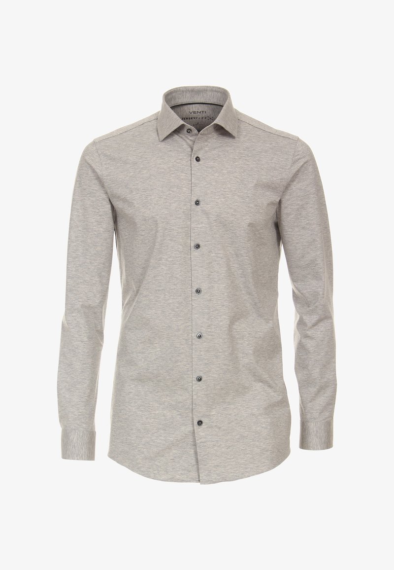 Helles graues Langarmhemd mit Knopfleiste und klassischem Kragen, ausgestattet mit schwarzen Knöpfen und einem glatten, strukturierten Stoff. Keine Muster oder Verzierungen.