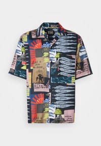 Short-sleeve shirt featuring a dark navy base with vibrant, abstract patterns in red, green, pink, and blue. Material appears lightweight and colorful.