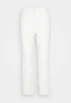 Pantalons blancs à jambes droites avec une texture lisse, dotés d'une taille classique et de poches avant. Aucun motif ni embellissement visible.