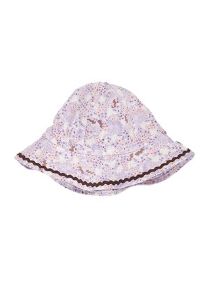 Lyse lilla solhat med små blomsterprint, brun bølget kant på skyggen og en blød, bred form.