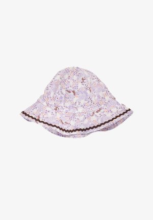 Cappello da sole lilla chiaro con piccoli motivi floreali, bordo marrone ondulato sulla tesa e forma morbida e larga.