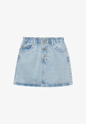 Leren rok in lichtblauw met een elastische tailleband, voorzien van drie metalen knopen, twee voorzakken en een rechte, uitlopende look.