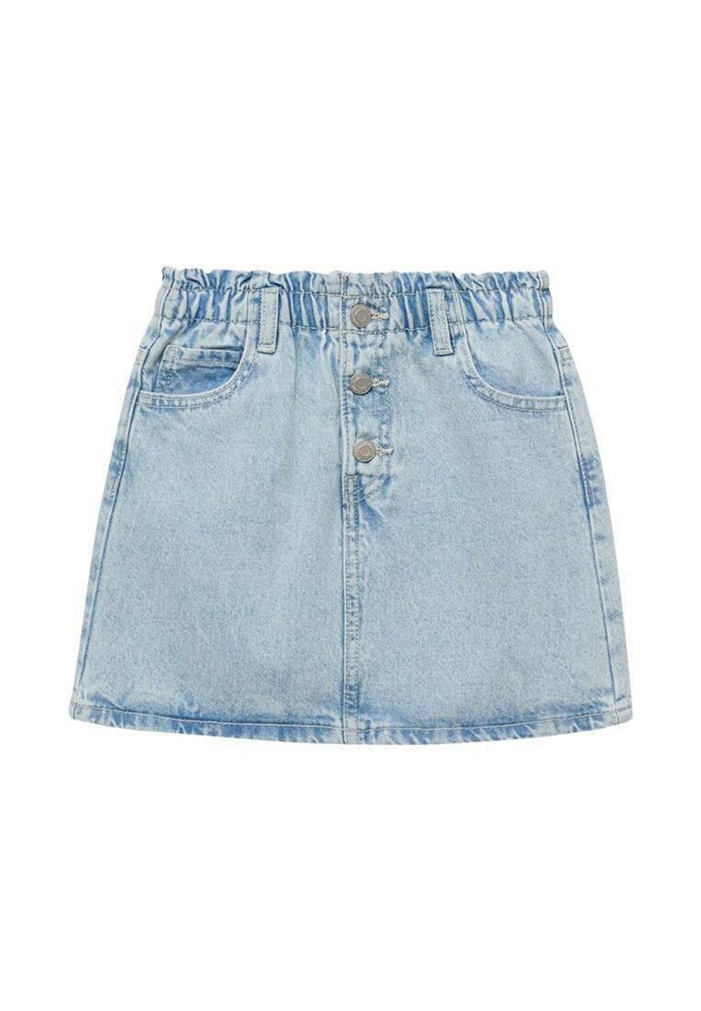 Denim krilo v svetlo modri barvi z elastičnim pasom, ki vključuje tri kovinske gumbe, dva sprednja žepa in ravno, razširjeno obliko.