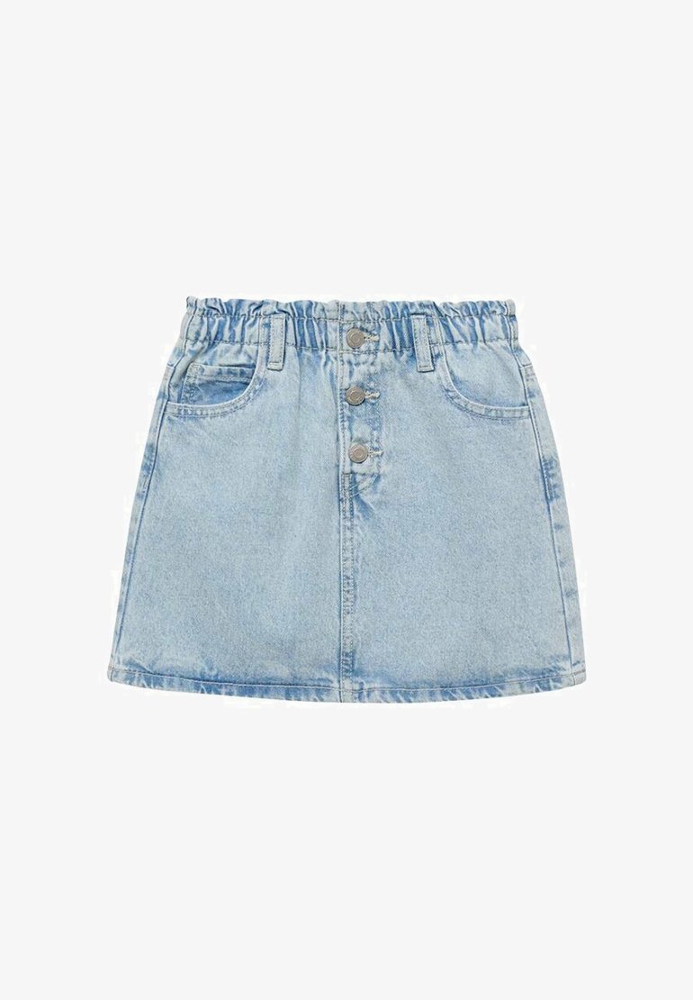 Denim krilo v svetlo modri barvi z elastičnim pasom, ki vključuje tri kovinske gumbe, dva sprednja žepa in ravno, razširjeno obliko.