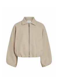 Izgriezta bēša jaka ar rāvējslēdzēju priekšpusi, norādītu apkakli un sānu kabatām. Mīksta tekstūra un brīvi pieguļoša balona piedurkne.