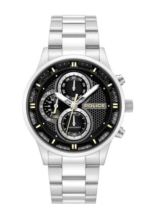 Zilverkleurig metalen horlogeband polshorloge met zwarte wijzerplaat, drie chronograafsubdials, gouden accenten en de merknaam "POLICE" aan de rechterkant.