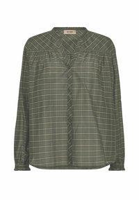 Groen geruite button-up shirt met lange mouwen, gathered halslijn en elastische manchetten. Bevat verticale en horizontale strepen in lichte tinten.
