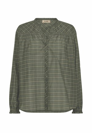 Green plaid button-up shirt with long sleeves, gathered neckline, and elastic cuffs. Features vertical and horizontal stripes in light hues.