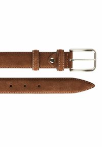 Ruskea mokkabeltti, jossa on hopeinen metallisolki. Mukana on ommellut reunat, viisi reikää säätämistä varten ja silmukka ylimääräiselle pituudelle.