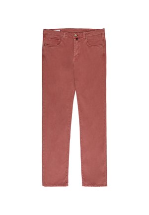 Pantaloni a taglio dritto color rosa polveroso con passanti per cintura, chiusura con bottone e tasche anteriori e posteriori, mostrati distesi su uno sfondo bianco.