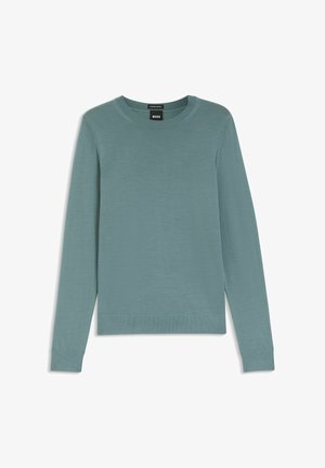 Hellgrüner Langarm-Pullover aus weichem, glattem Stoff. Verfügt über einen Rundhalsausschnitt sowie gerippte Bündchen und Saum. Einfaches, minimalistisches Design.