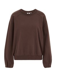 Ruda, ilgomis rankovėmis džemperis; laisvo kirpimo su dygsniuotais rankogaliais ir apačia. Lygi tekstūra, apvalus kaklo iškirptė ir raglano rankovės. Be matomų raštų.