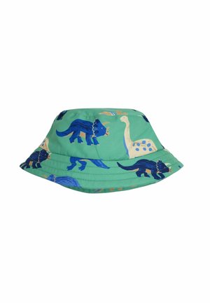 Pălărie verde cu boruri largi, decorată cu modele de dinozauri albaștri și bej. Fabricată dintr-un material moale, cu un bor flexibil și detalii cusute.