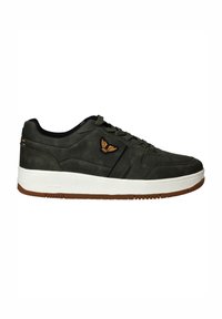 Dark green sneakers with a smooth texture, featuring a white midsole, brown outsole, and orange wing logo on the side.