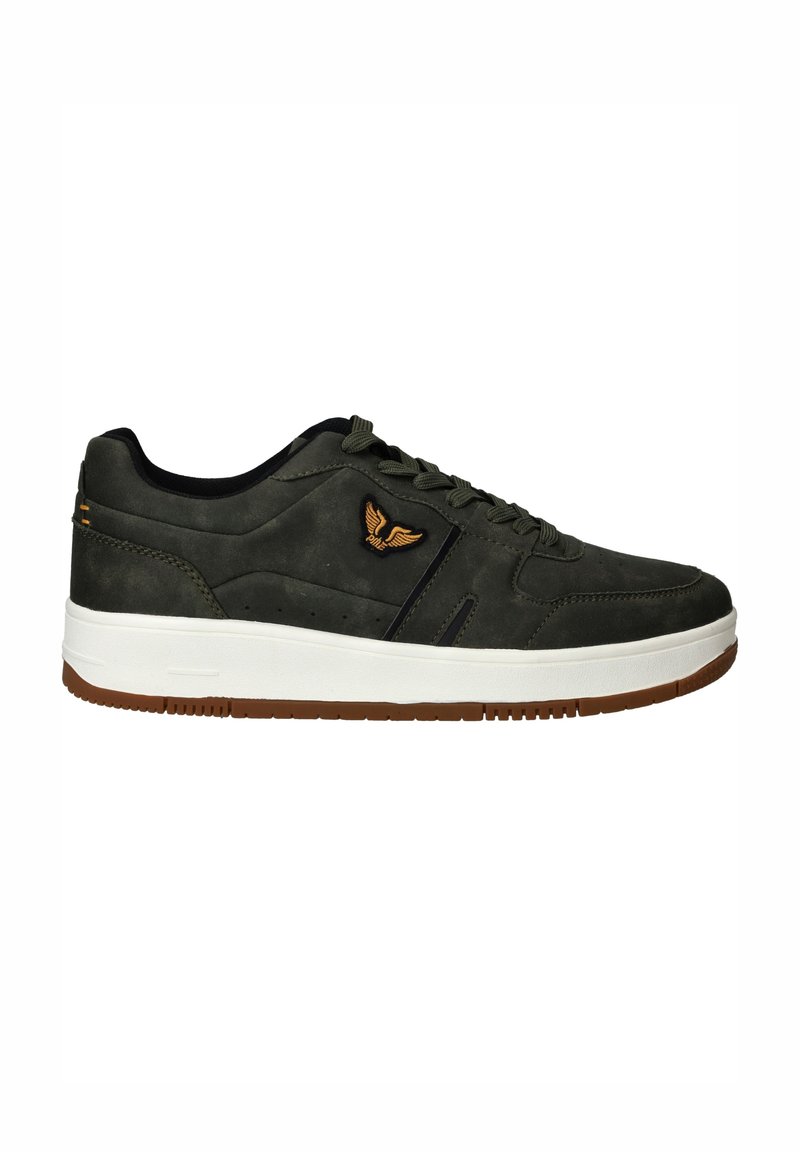 Dark green sneakers with a smooth texture, featuring a white midsole, brown outsole, and orange wing logo on the side.