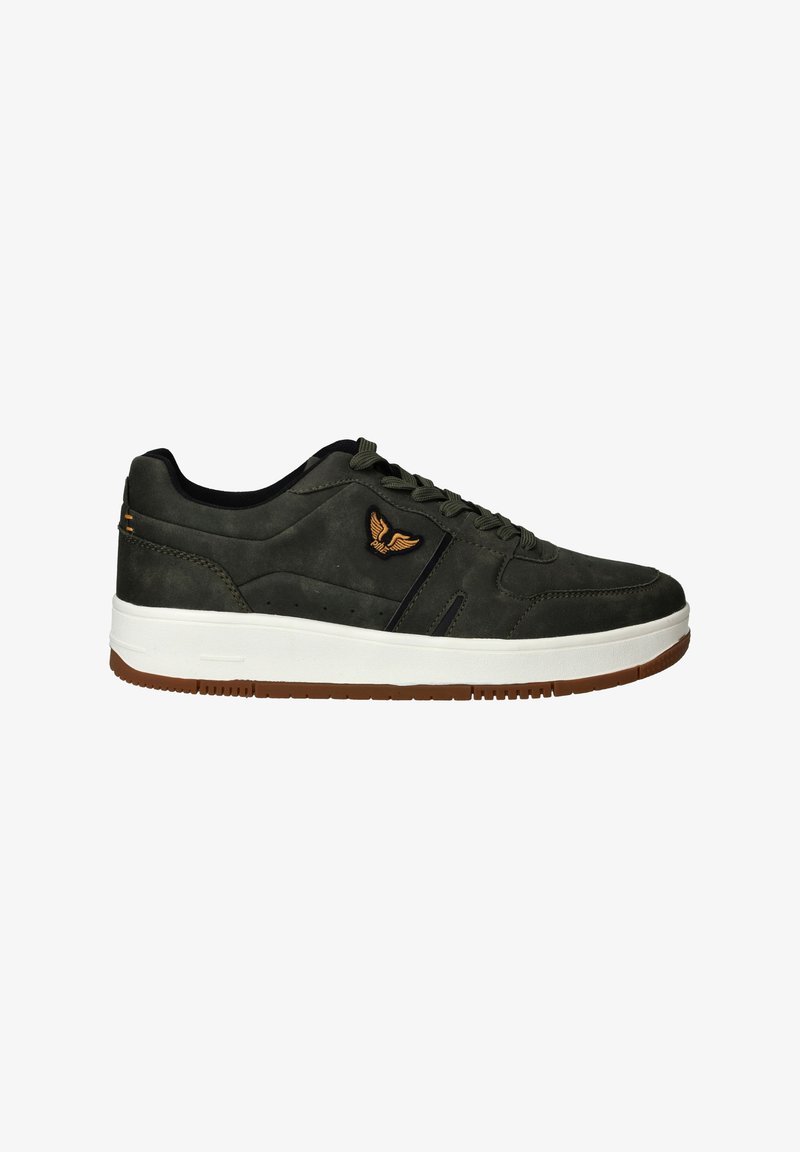 Dark green sneakers with a smooth texture, featuring a white midsole, brown outsole, and orange wing logo on the side.