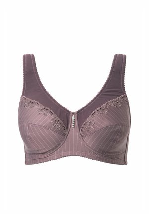 Lilla polstret bh med blonder og lodrette striber, med brede skulderstropper og små dekorative perler foran i midten.