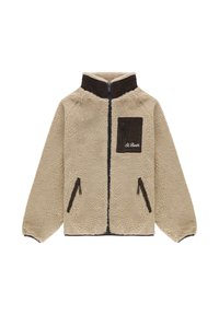 Giacca in pile beige con collo alto, dettagli in velluto a coste marrone, tasche con cerniera e "St. Barth" ricamato sulla tasca del petto.