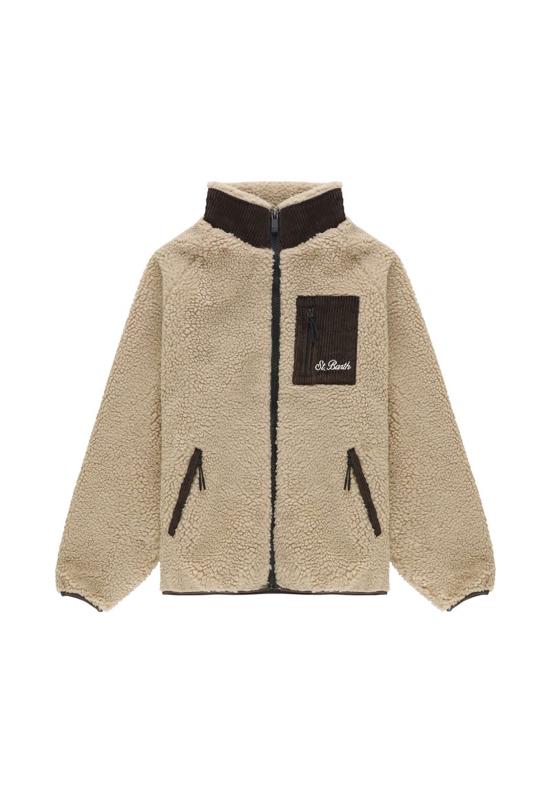 Giacca in pile beige con collo alto, dettagli in velluto a coste marrone, tasche con cerniera e "St. Barth" ricamato sulla tasca del petto.