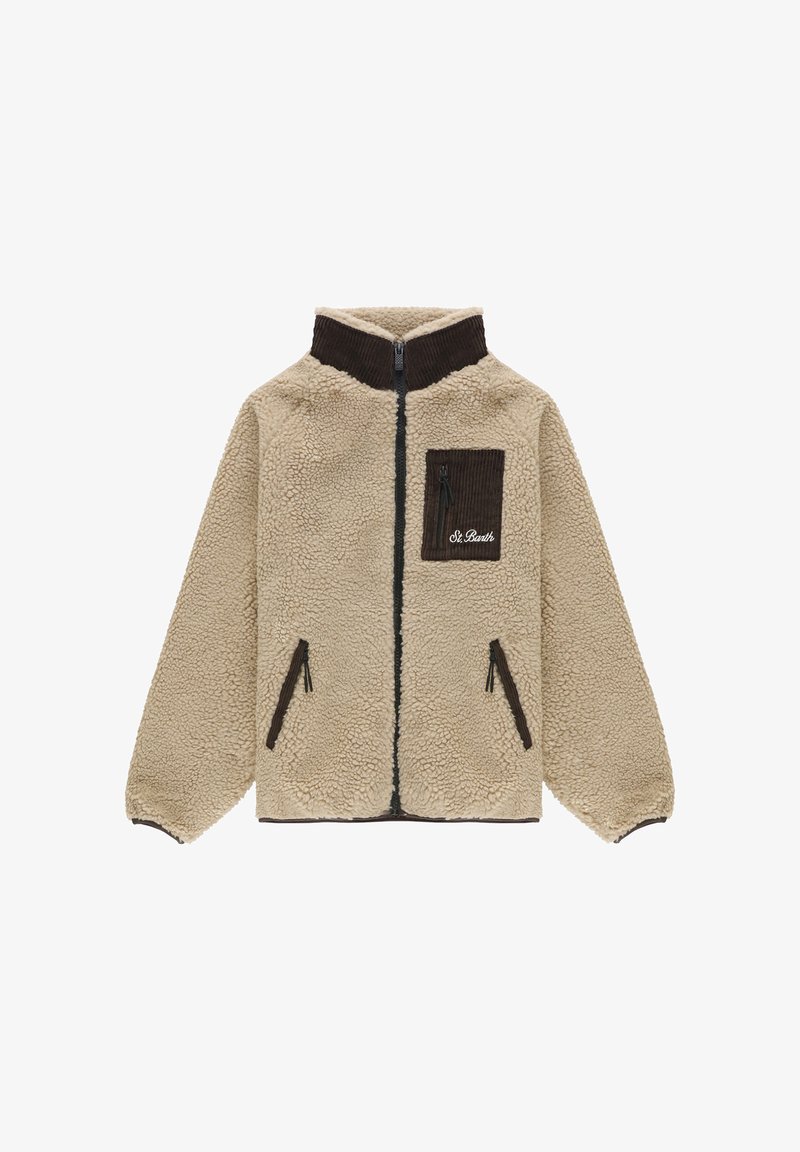 Giacca in pile beige con collo alto, dettagli in velluto a coste marrone, tasche con cerniera e "St. Barth" ricamato sulla tasca del petto.