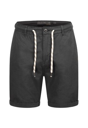 Black casual shorts with white patterned drawstring, button closure, belt loops, and rolled hems.