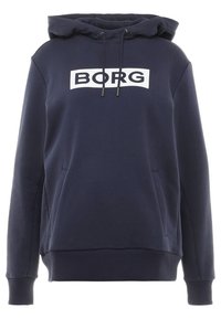 Sudadera azul marino hecha de una tela suave, con un bolsillo tipo canguro, capucha ajustable con cordón y un atrevido logo blanco "BORG" en el pecho.