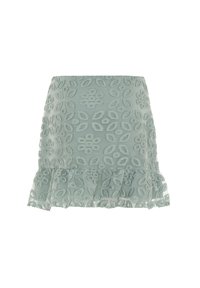 Falda bordada de flores en verde menta con un dobladillo en volantes, que presenta un diseño texturado de hojas y flores en toda su extensión. Tejido ligero.