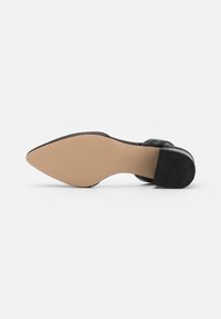Zapato de tacón negro con un upper texturizado y una suela beige lisa, que presenta una punta afilada y un tacón cuadrado de altura media.