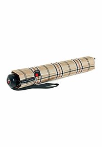 Compact beige umbrella with a plaid pattern in brown and black. Features a round black handle and a wrist strap for easy carrying.