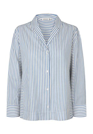 Camicia a righe blu e bianche con bottoni, colletto a bavero, maniche lunghe e vestibilità rilassata. Realizzata in tessuto di cotone leggero.