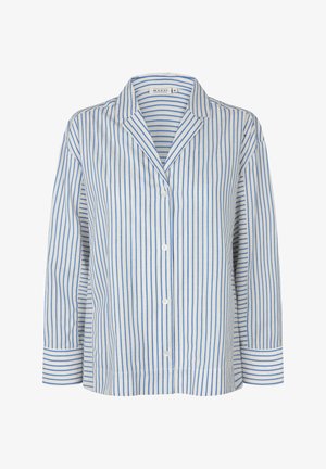 Niebiesko-biała koszula w paski na guziki z kołnierzem z wycięciem, długimi rękawami i luźnym krojem. Wykonana z lekkiej bawełnianej tkaniny.