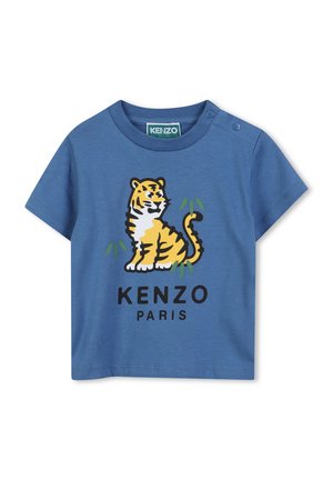 T-shirt en coton bleu à manches courtes avec un graphique de tigre et le texte "KENZO PARIS". Fermeture par pression à l'épaule et finition lisse.