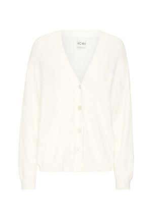 Witte, fluffy cardigan met een V-hals, lange mouwen en een sluiting met vijf knopen aan de voorkant. Zachte textuur en een comfortabele pasvorm. Merketiket zichtbaar.