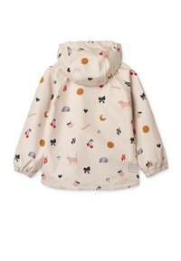 Vodoodporna bež jakna s kapuco, ki jo krasijo pisani vzorci živali, sadja in oblik. Elastični manšeti in ohlapen kroj.