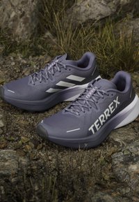 Zapatillas deportivas moradas con una parte superior de malla transpirable, rayas blancas como acento, suelas texturizadas y un destacado logo "TERREX" en el lateral.