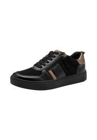 Baskets noires en cuir texturé et en daim, avec des accents en bronze, bout rond, lacets et fermeture éclair sur le côté pour un accès facile.