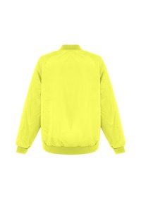 Geel bomberjack met een gladde textuur, geribde kraag en elastische manchetten. Eenvoudig ontwerp, dat zorgt voor een ontspannen pasvorm met een gathered zoom.