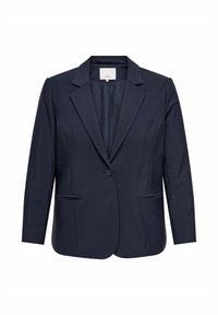 Námořnický modrý blazer vyrobený z hladké tkaniny, s klopovým límcem, zapínáním na jeden knoflík a dvěma předními kapsami s lemovaným detailem.