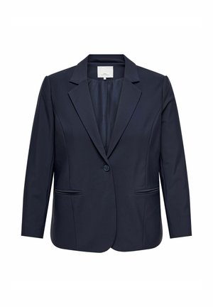Temno moderna blazer narejena iz gladkega blaga, z ovratnikom v obliki črke V, z enim gumbom in dvema sprednjima žepoma z obrobo.
