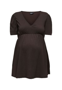 Σκούρο καφέ μπλούζα εγκυμοσύνης με κοντά φουσκωτά μανίκια, ντεκολτέ σε σχήμα V και λεπτομέρεια υφάσματος με ρίγες στη μέση αυτοκρατορίας.