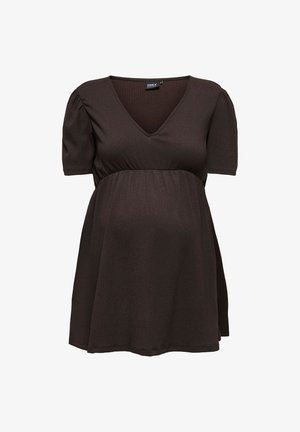 Σκούρο καφέ μπλούζα εγκυμοσύνης με κοντά φουσκωτά μανίκια, ντεκολτέ σε σχήμα V και λεπτομέρεια υφάσματος με ρίγες στη μέση αυτοκρατορίας.