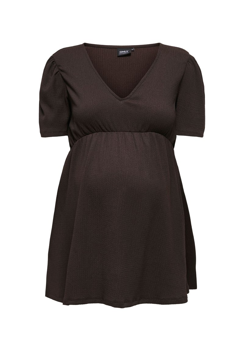 Σκούρο καφέ μπλούζα εγκυμοσύνης με κοντά φουσκωτά μανίκια, ντεκολτέ σε σχήμα V και λεπτομέρεια υφάσματος με ρίγες στη μέση αυτοκρατορίας.