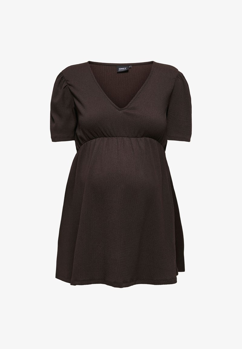 Σκούρο καφέ μπλούζα εγκυμοσύνης με κοντά φουσκωτά μανίκια, ντεκολτέ σε σχήμα V και λεπτομέρεια υφάσματος με ρίγες στη μέση αυτοκρατορίας.