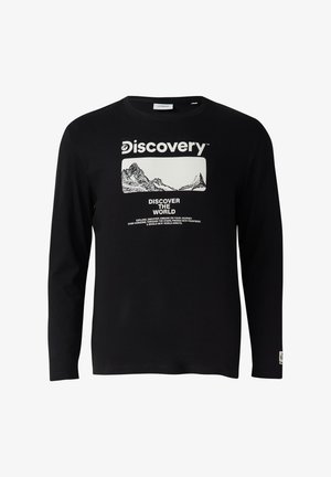 Zwarte longsleeve t-shirt van katoen met een witte bergafbeelding en de tekst "Discovery THE WORLD" over de voorkant.