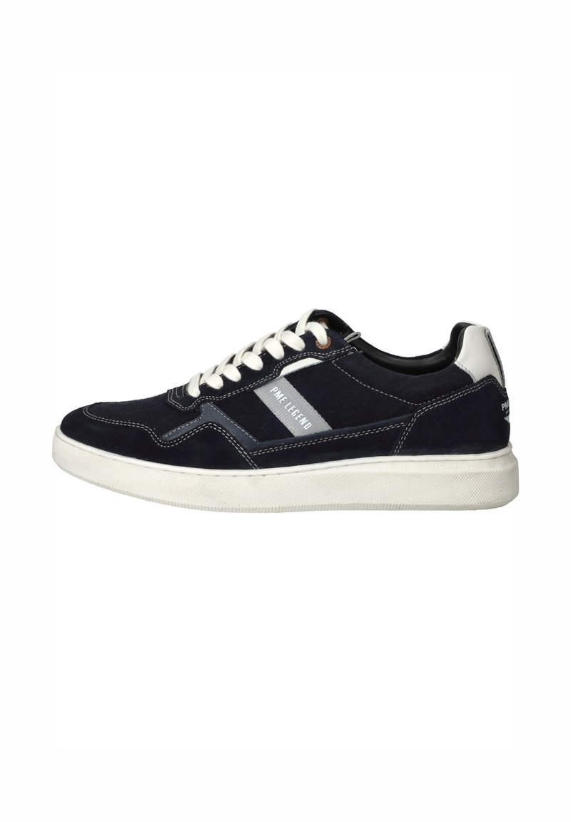 Navy suede sneakers with white accents, flat rubber sole, and lace-up design. Features a contrasting stripe with brand name.