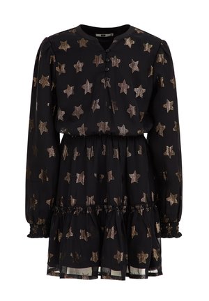 Black long-sleeve dress with metallic gold star pattern, crew neck, buttoned front, elastic waist, and ruffled hem.